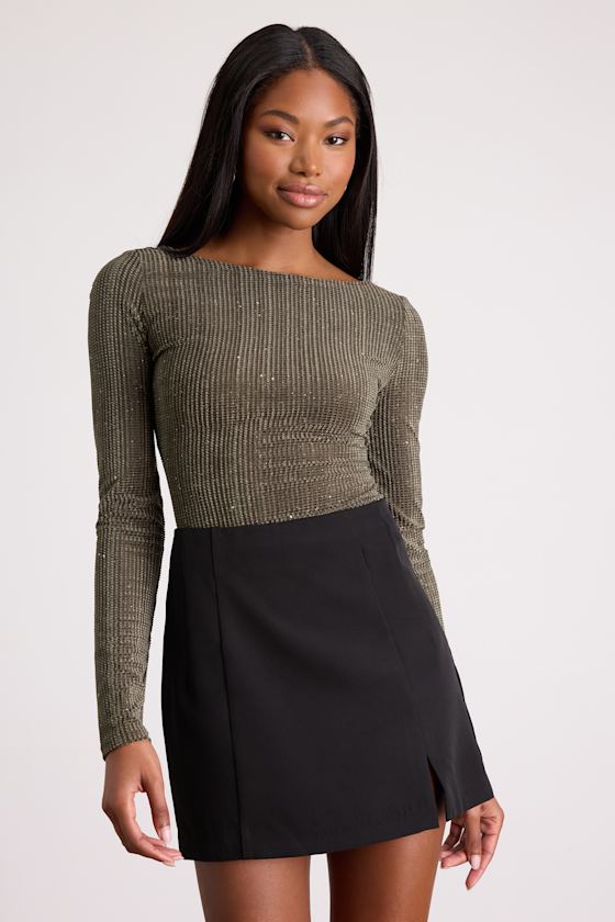 Gina Olive Green Shiny Velvet Long Sleeve Top 1