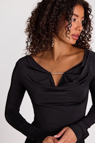 Zeffie Black Cowl Neck Rhinestone Long Sleeve Top 1
