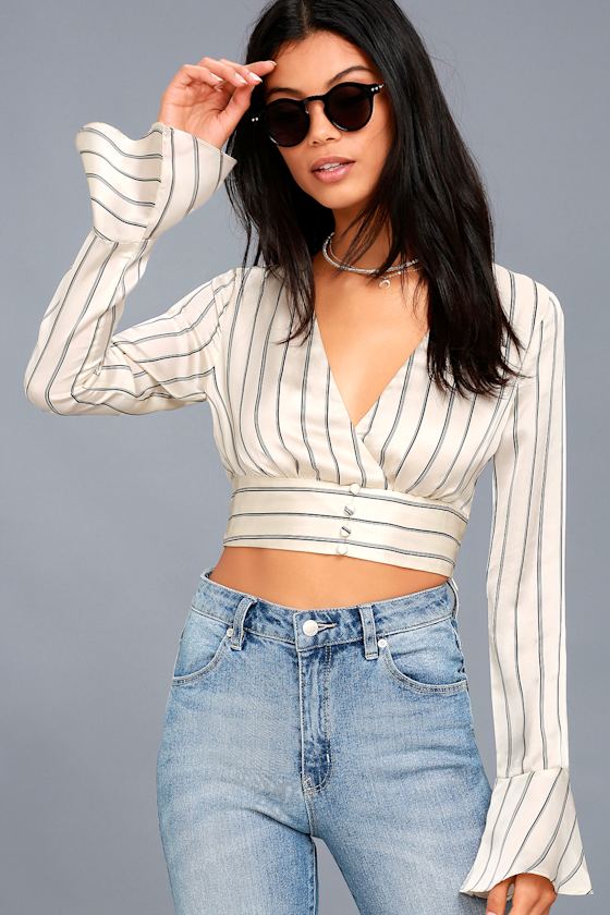 Odelia Cream Striped Satin Long Sleeve Crop Top 3