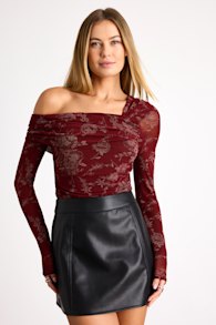 Melonie Dark Red Floral Mesh Asymmetrical Top 1
