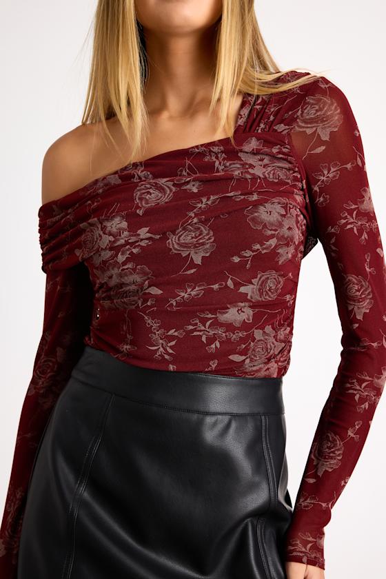 Melonie Dark Red Floral Mesh Asymmetrical Top 2