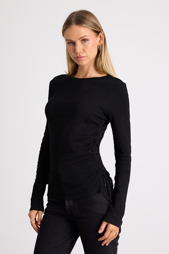 Ambrose Black Burnout Ruched Long Sleeve Top 1