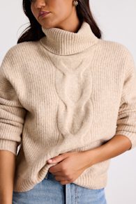 Kenina Heathered Beige Cable Knit Turtleneck Sweater 1
