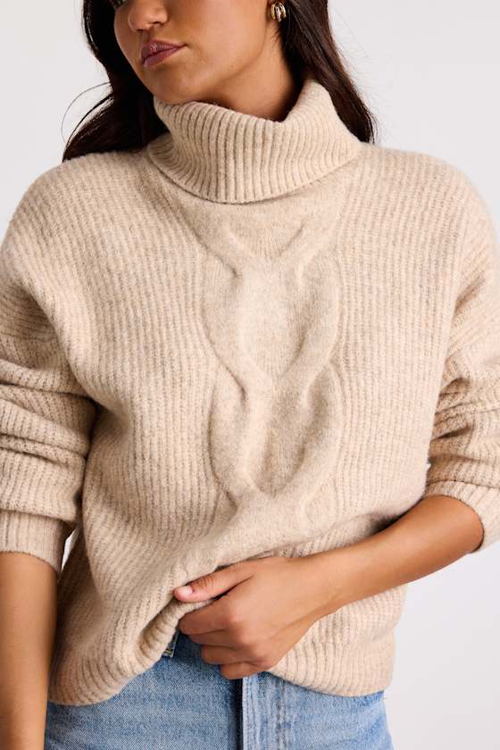 Kenina Heathered Beige Cable Knit Turtleneck Sweater 1