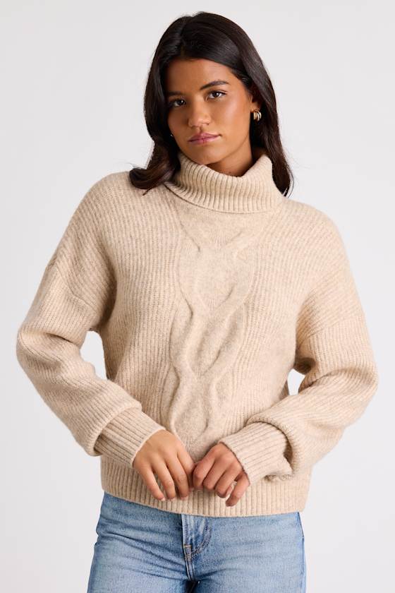 Kenina Heathered Beige Cable Knit Turtleneck Sweater 2