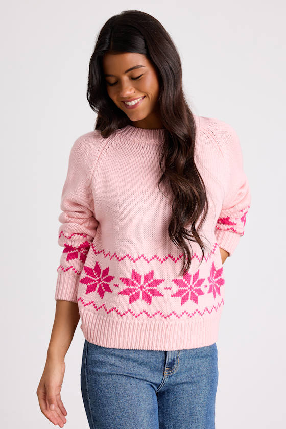 Burkie Pink Fair Isle Crew Neck Pullover Sweater 1