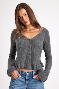 Midge Heather Charcoal Ribbed Knit Ruffled Cardigan 1