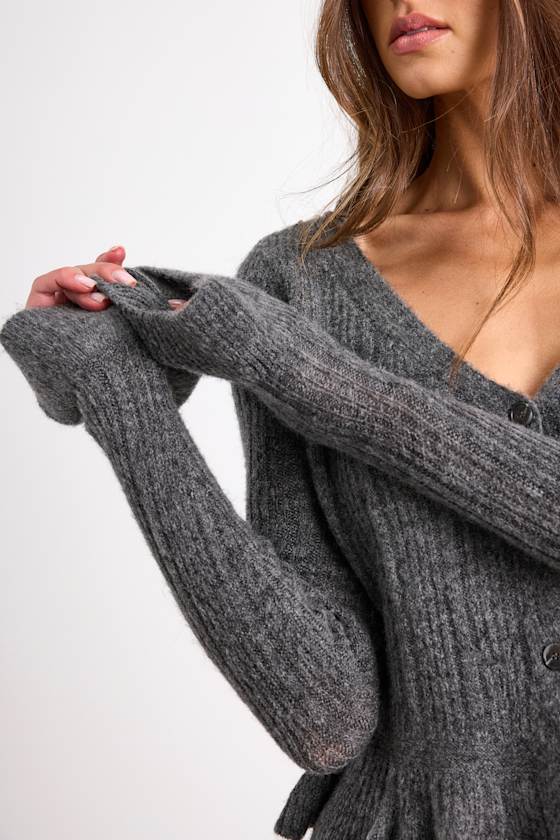 Midge Heather Charcoal Ribbed Knit Ruffled Cardigan 2