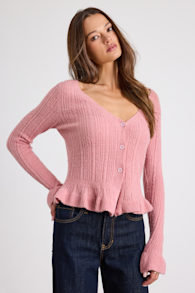 Midge Pink Ribbed Knit Ruffled Cardigan 1