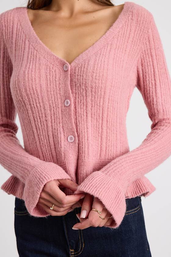 Pink V-Neck Cardigan - Pink Ruffled Cardigan - Peplum Cardigan - Lulus