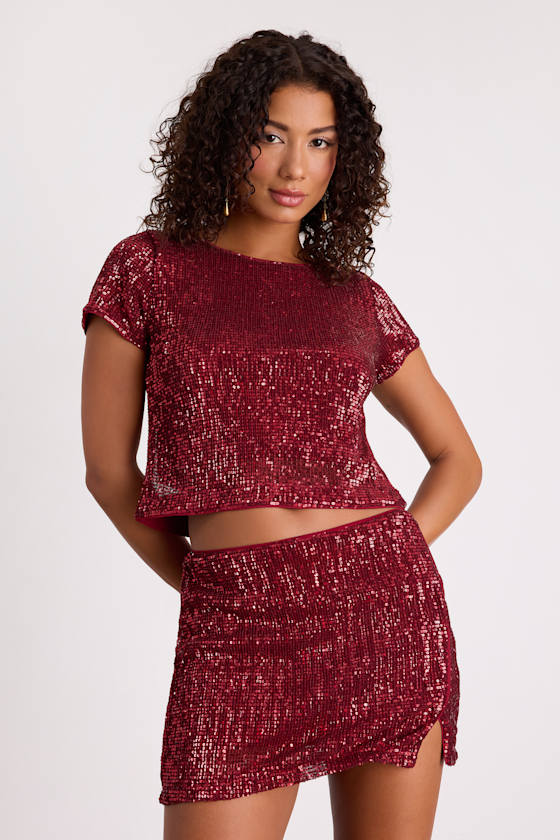 Isotta Burgundy Sequin Low-Rise Mini Skirt 1