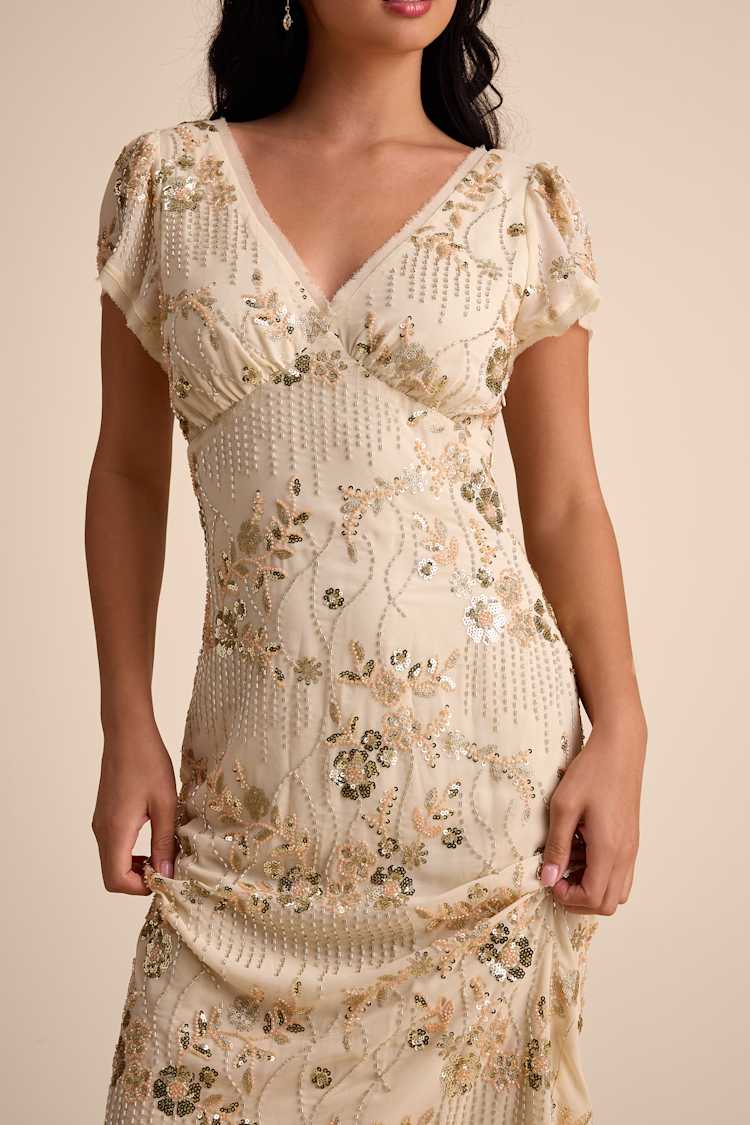 Angelila Beige Sequin Beaded Short Sleeve Midi Dress