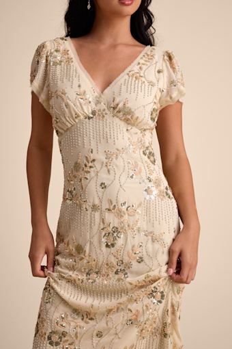 Angelila Beige Sequin and Beaded Short Sleeve Midi Dress 1