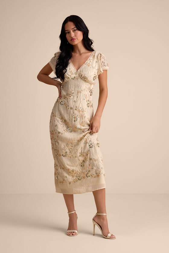 Angelila Beige Sequin and Beaded Short Sleeve Midi Dress 2