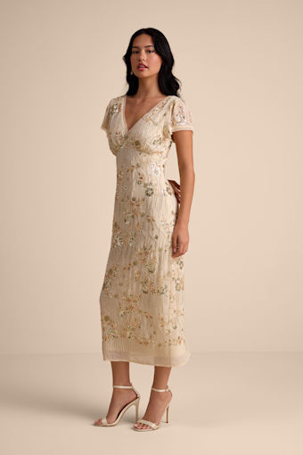 Angelila Beige Sequin and Beaded Short Sleeve Midi Dress 5