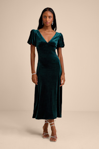 Obrissa Emerald Velvet Puff Sleeve Tie-Back Midi Dress 1