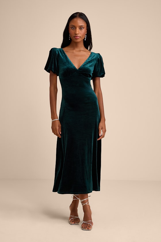 Obrissa Emerald Velvet Puff Sleeve Tie-Back Midi Dress 1