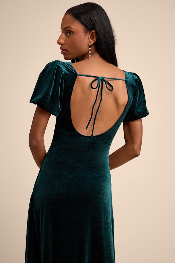Obrissa Emerald Velvet Puff Sleeve Tie-Back Midi Dress 2