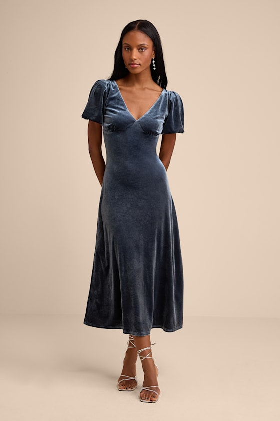 Image of Obrissa Slate Blue Velvet Puff Sleeve Tie-Back Midi Dress