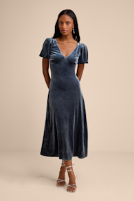 Obrissa Slate Blue Velvet Puff Sleeve Tie-Back Midi Dress 1