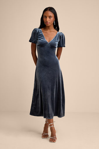 Obrissa Slate Blue Velvet Puff Sleeve Tie-Back Midi Dress 1