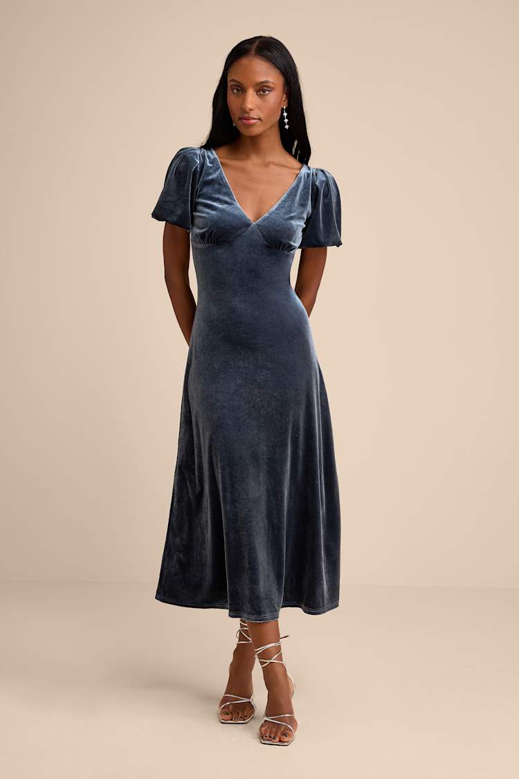 Lulus | Slate Blue Velvet Puff Sleeve Tie-Back Midi Dress | Womens | X-Large (Available in S, M, L) | 100% Polyester Lulus | Slate Blue Velvet Puff Sleeve Tie-Back Midi Dress | Womens | X-Large (Available in S, M, L) | 100% Polyester