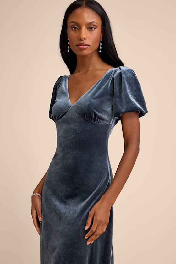 Obrissa Slate Blue Velvet Puff Sleeve Tie-Back Midi Dress 2