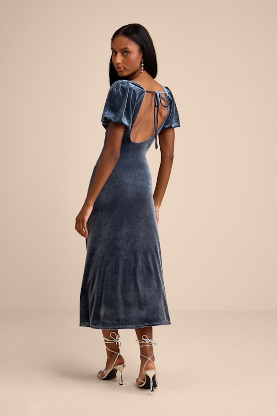 Slate Blue Dress - Velvet Midi Dress - Puff Sleeve Tie-Back Dress
