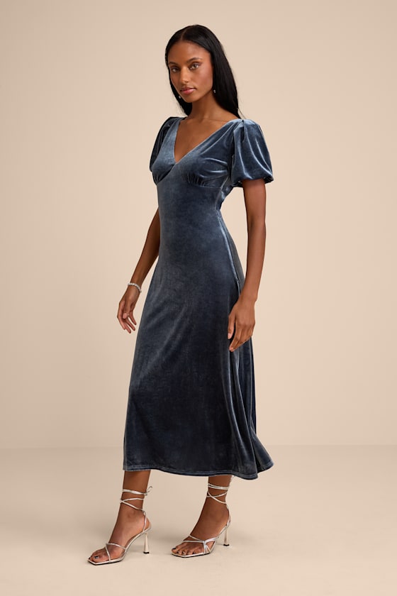 Slate Blue Dress - Velvet Midi Dress - Puff Sleeve Tie-Back Dress - Image 4