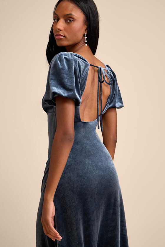 Slate Blue Dress - Velvet Midi Dress - Puff Sleeve Tie-Back Dress - Image 5