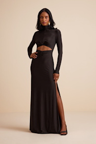 Dempsey Black Jersey Knit Cutout Mock Neck Maxi Dress 1