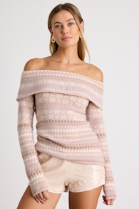 Edine Blush Fair Isle Off-the-Shoulder Sweater Top 1