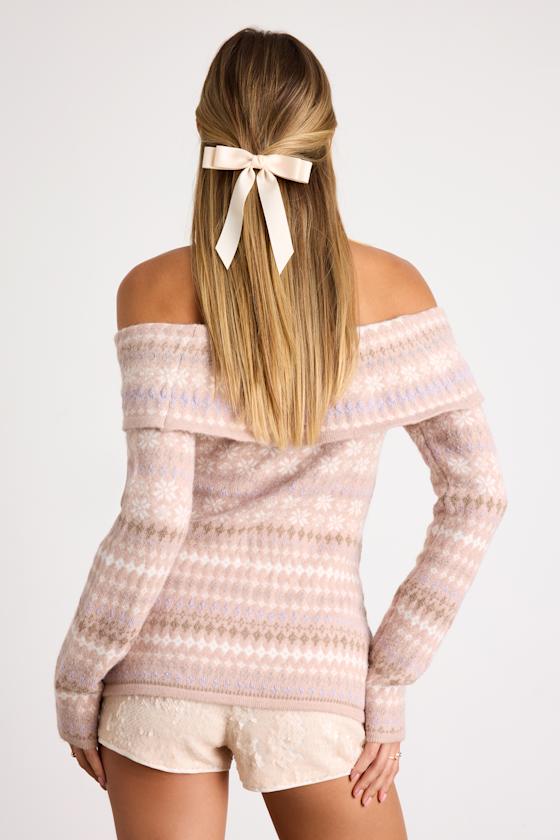 Edine Blush Fair Isle Off-the-Shoulder Sweater Top 3