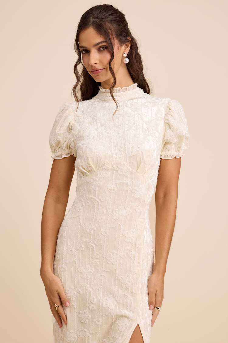 Cream Textured Maxi Dress - Mock Neck Maxi - Puff Sleeve Dress