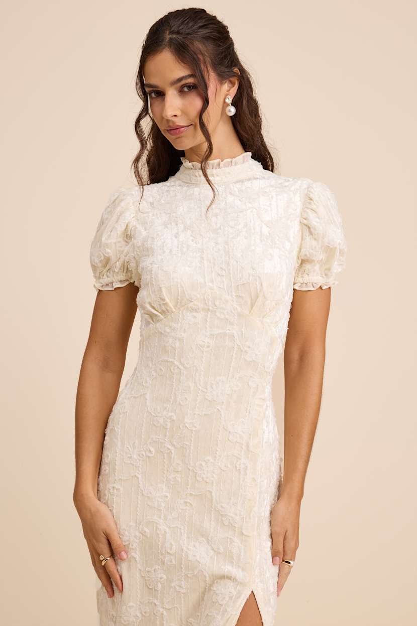 White Cadison Cream Textured Puff Sleeve Column Maxi Dress | Womens | Small (Available in XXL, XS, M, L, XL) | 100% Polyester