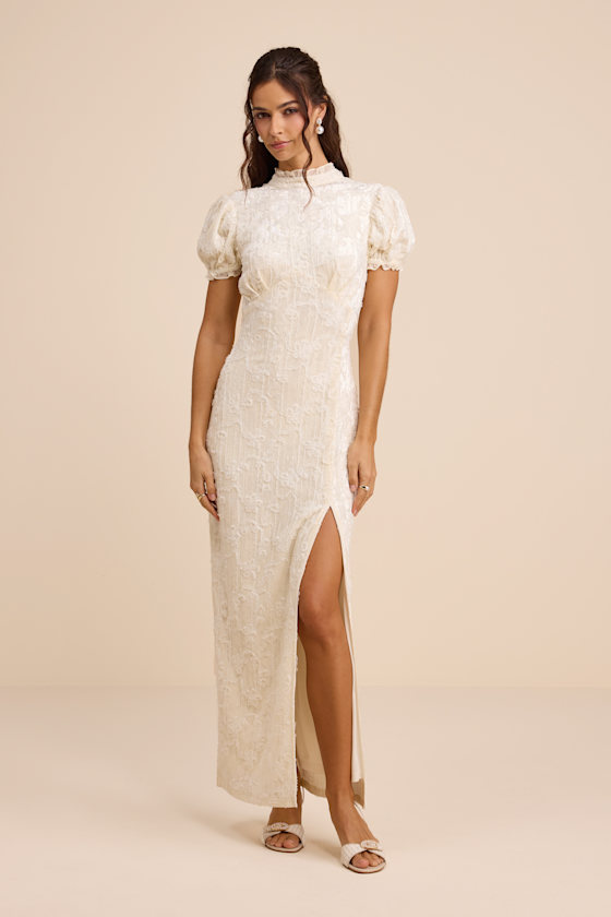 Cadison Cream Textured Puff Sleeve Column Maxi Dress 2