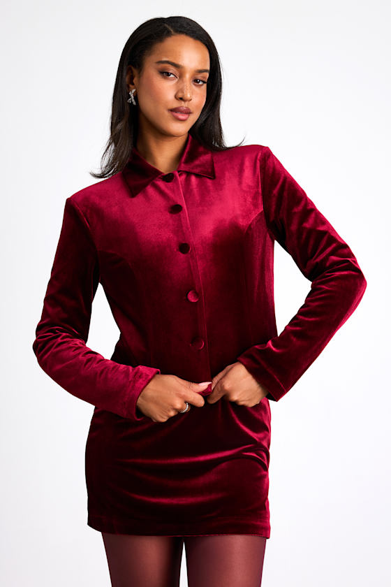 Bettany Dark Red Velvet Button-Front Collared Jacket 1
