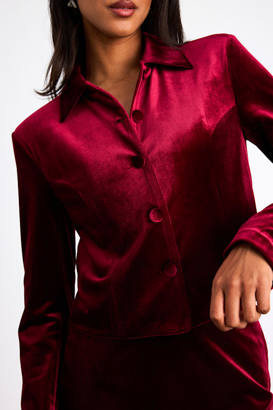 Bettany Dark Red Velvet Button-Front Collared Jacket 2