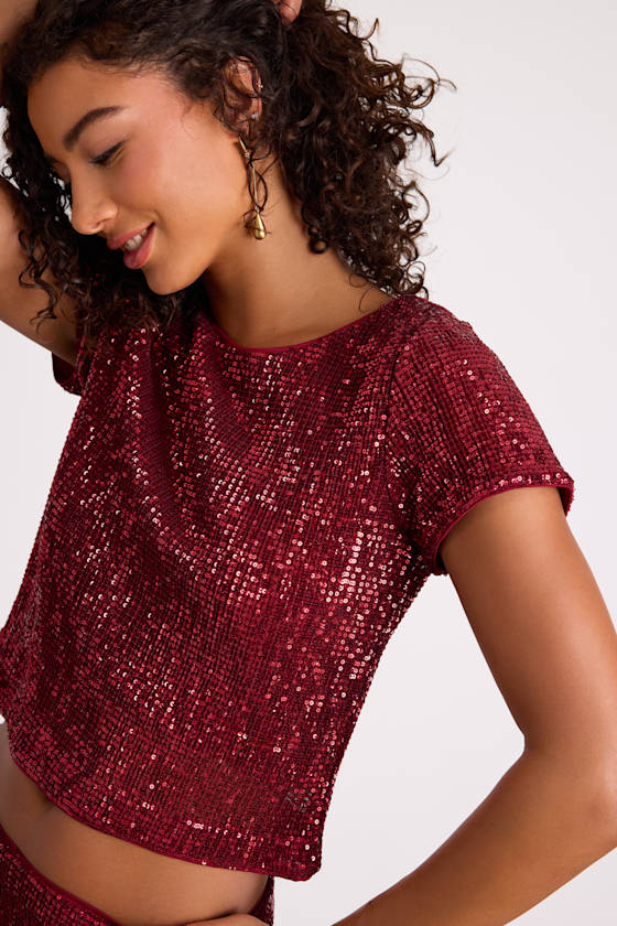Isotta Burgundy Sequin Short Sleeve Crop Top 2