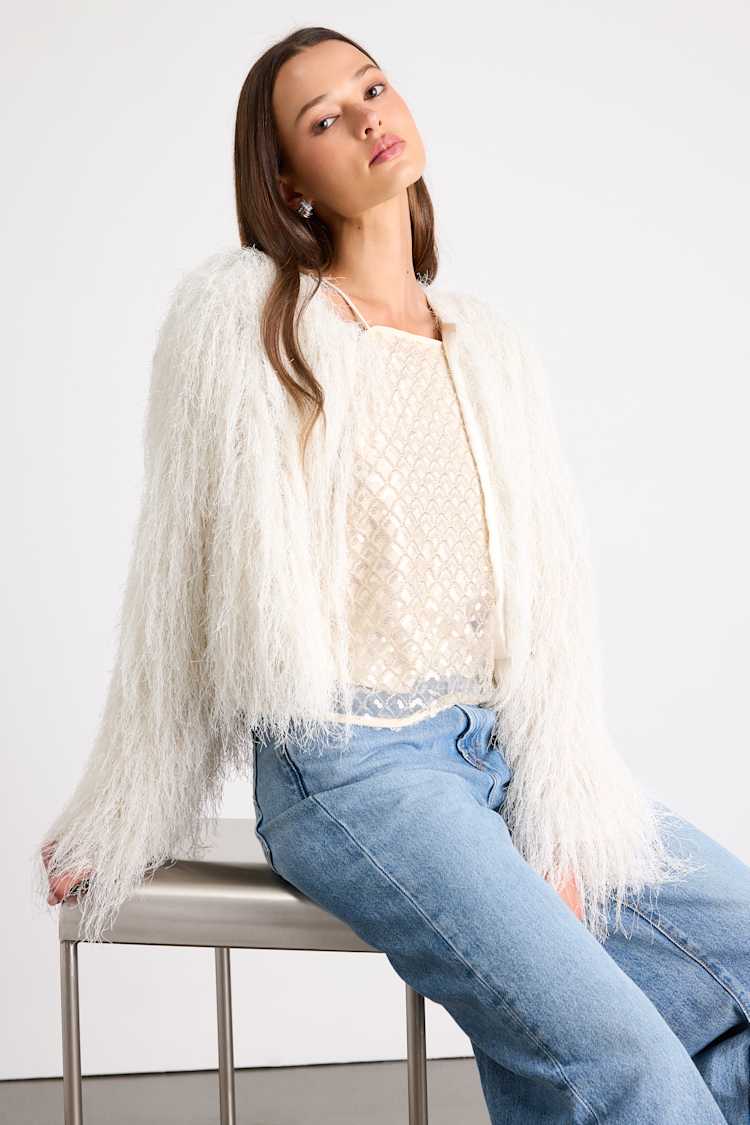 Buffy Ivory Lurex Eyelash Knit Open-Front Jacket
