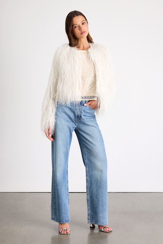 Lulus Buffy Ivory Lurex Eyelash Knit Open-front Jacket In Gray