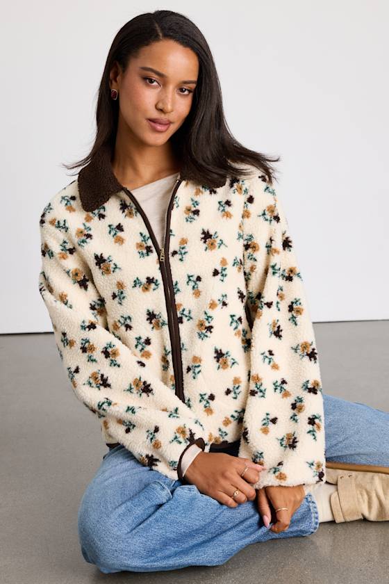 Naliah Ivory Floral Shearling Collared Jacket 1