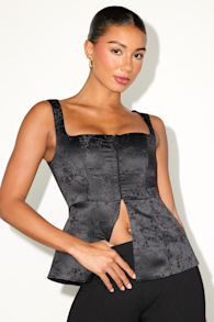 Bellucci Black Satin Jacquard Hook-and-Eye Vest Top 1