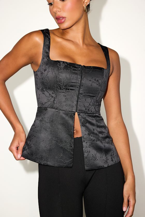 Bellucci Black Satin Jacquard Hook-and-Eye Vest Top 2