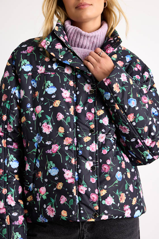 Linaya Black Floral Zip-Front Puffer Jacket 2