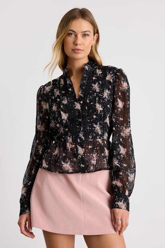 Black Floral Top - Crochet Lace Top - Long Sleeve Button-Up Top
