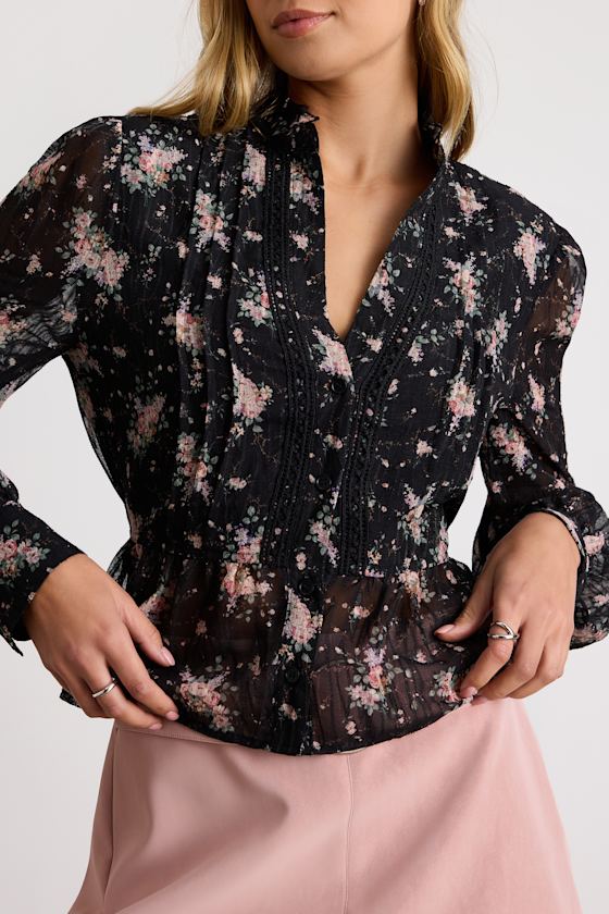 Black Floral Top - Crochet Lace Top - Long Sleeve Button-Up Top