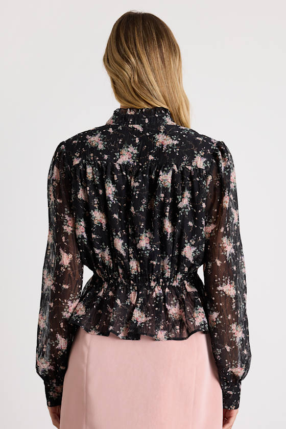 Black Floral Top - Crochet Lace Top - Long Sleeve Button-Up Top