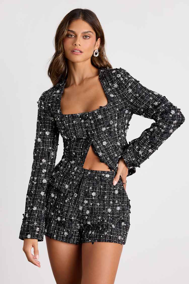 Marcie Black Tweed Lurex Sequin Applique Shorts