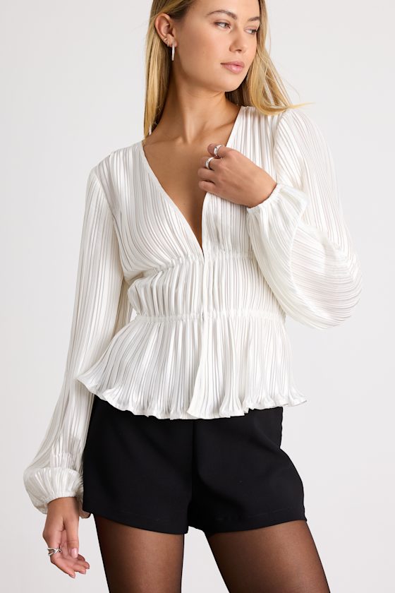 White Plisse Top - Hook-and-Eye Top - Balloon Sleeve Blouse Top